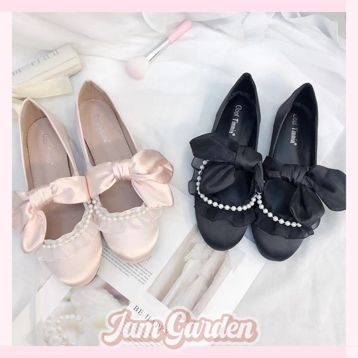 Princess Shoes Pearl Lace Bow Satin Flat Bottom Shallow Mouth Hanfu Ballet Shoes - Jam Garden