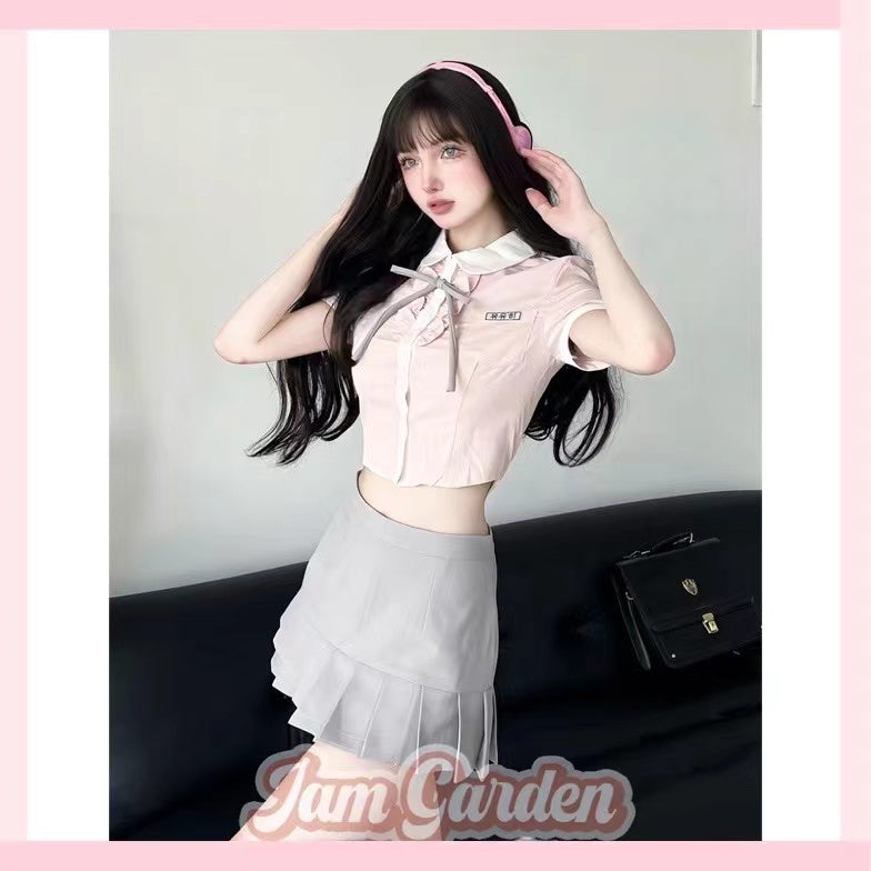 Jk Uniform Suit Summer College Style Hot Girl Pure Desire Pink Shirt Pleated Skirt Two-Piece Set - Jam Garden