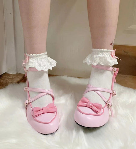 Cute and sweet Japanese Lolita cross-strap bow shoes