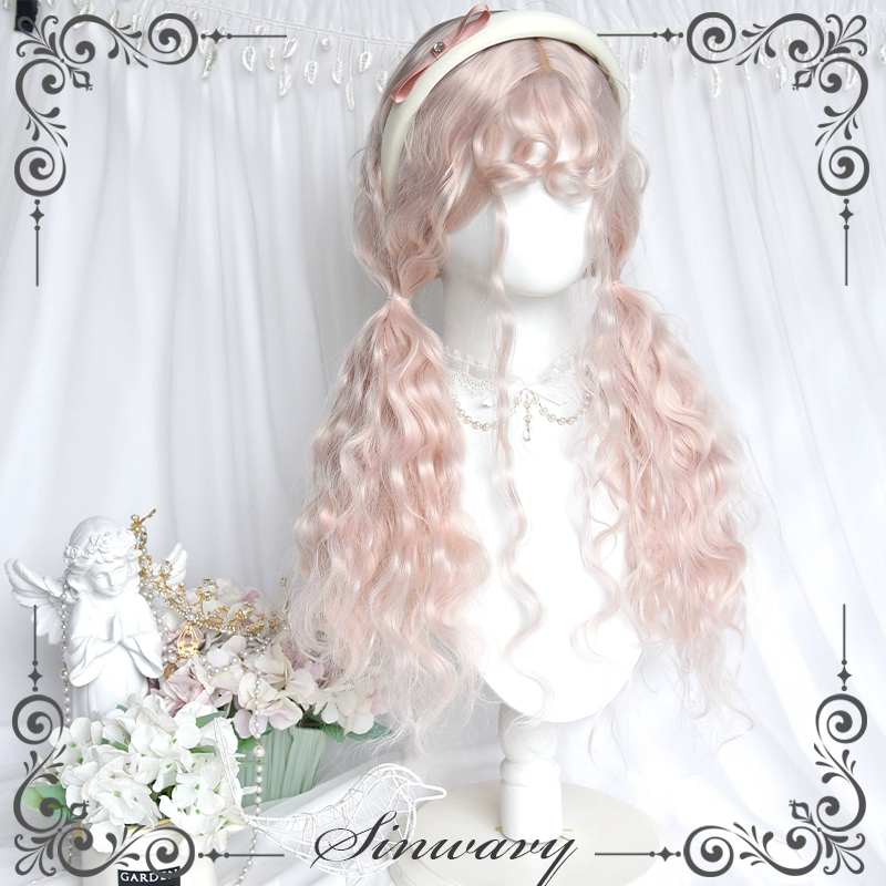 Light Pink Woolly Curls Lolita Bangs Long Wig