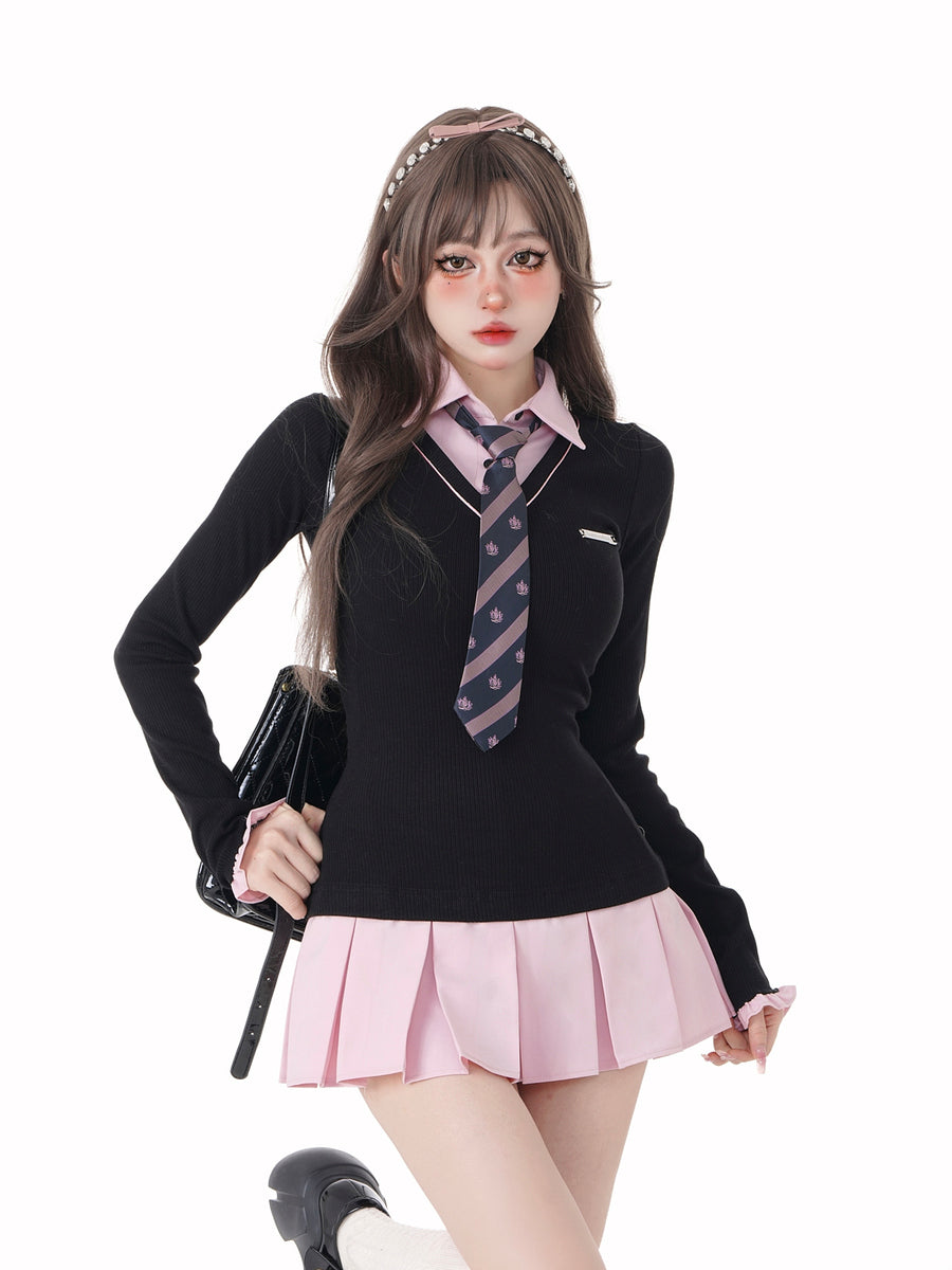 College Style Fake Two-Piece Shirt Polo Neck Long Sleeve Dresses