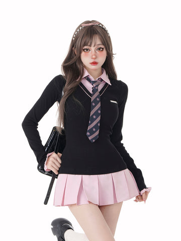 College Style Fake Two-Piece Shirt Polo Neck Long Sleeve Dresses