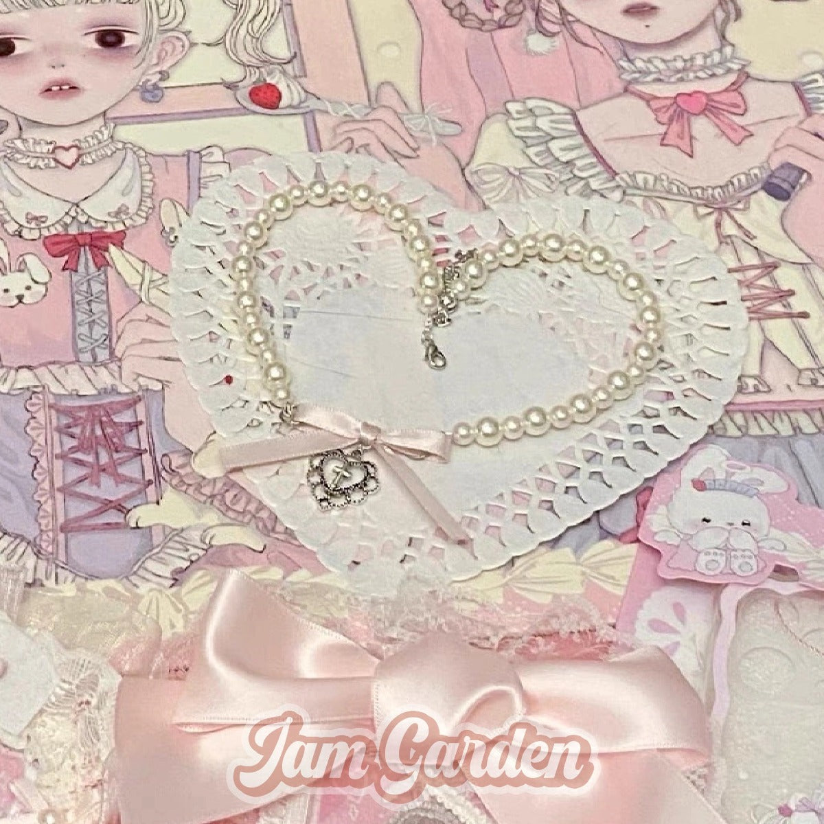 [Holy Cross] Maiden Heart Pearl Heart Cross Bow Necklace - Jam Garden
