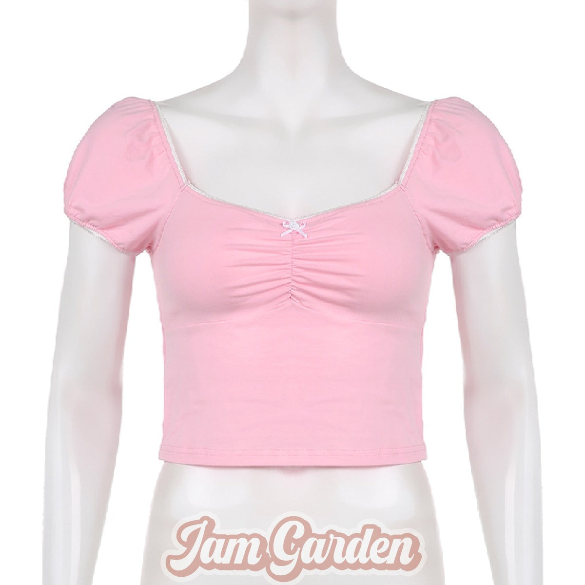 [Shimmer Barbie] Retro Square Neck Lace Stitching Short Sleeve Top - Jam Garden
