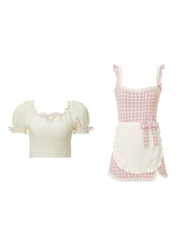 [Kitty Sweet] - Pink Plaid Camisole Dress 2-piece Set - Jam Garden