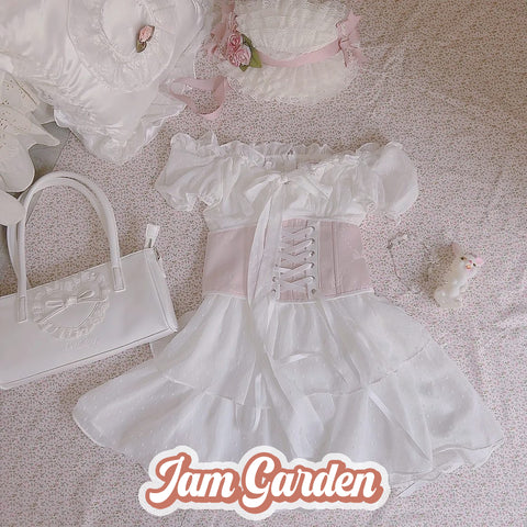Waist White Pink Dress - Jam Garden