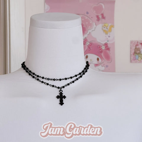 2-Piece Cross Punk Dark Crystal Necklace Set - Jam Garden