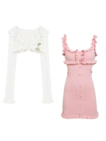 [Coconut Girl] Pink Knitted Camisole Dress White Cardigan - Jam Garden