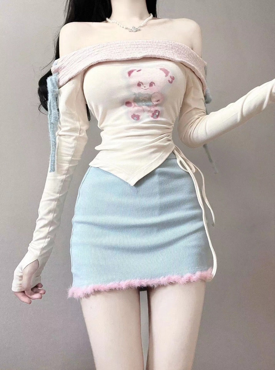[Cream-Colored Bear] - Short Skirt Cardigan Set - Jam Garden