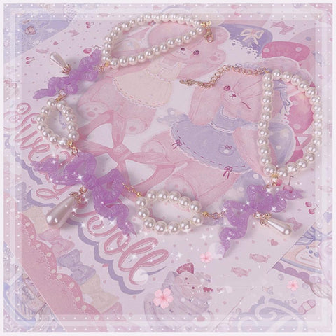 Pink Bow Bead Necklace - Jam Garden