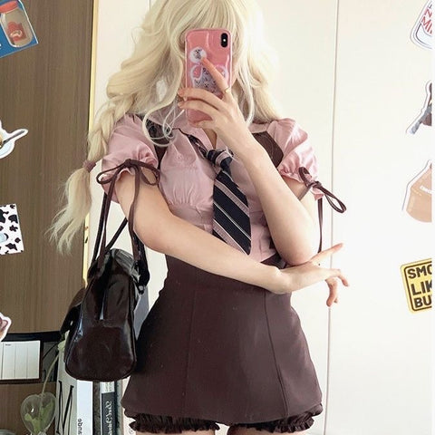 [Blackberry Chocolate] Pink Shirt Strappy Skirt Set - Jam Garden