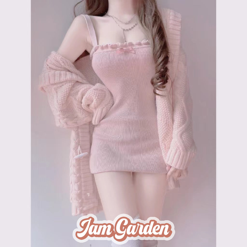 Pink Bow Knitted Camisole Dress - Jam Garden