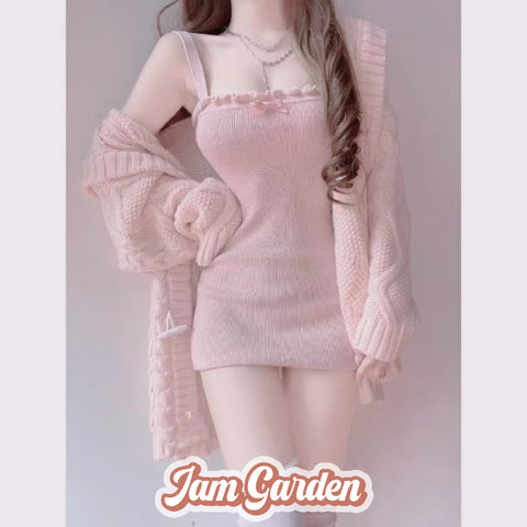 Pink Bow Knitted Camisole Dress - Jam Garden