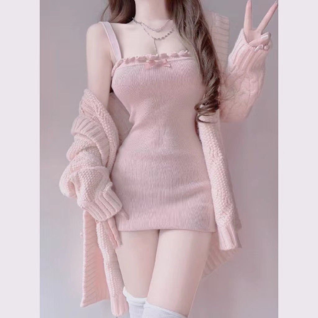 Pink Bow Knitted Camisole Dress - Jam Garden